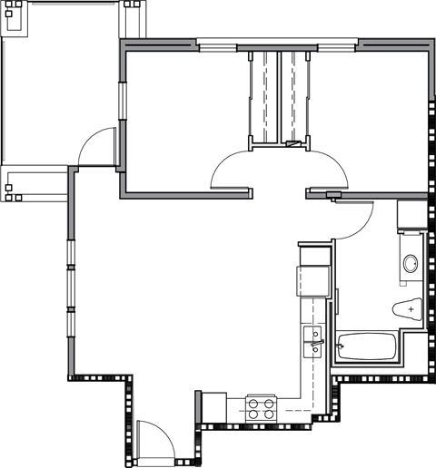 Floor plan for 2 beds, 1 bath, 956 sqft